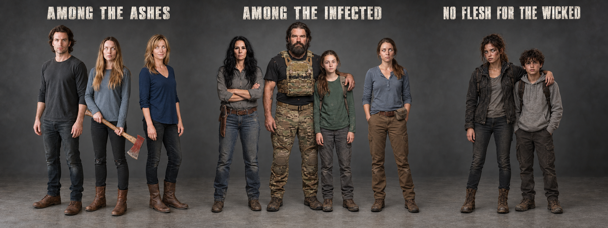 The casts of Among the Ashes, Among the Infected, and No Flesh for the Wicked stand beneath their titles.