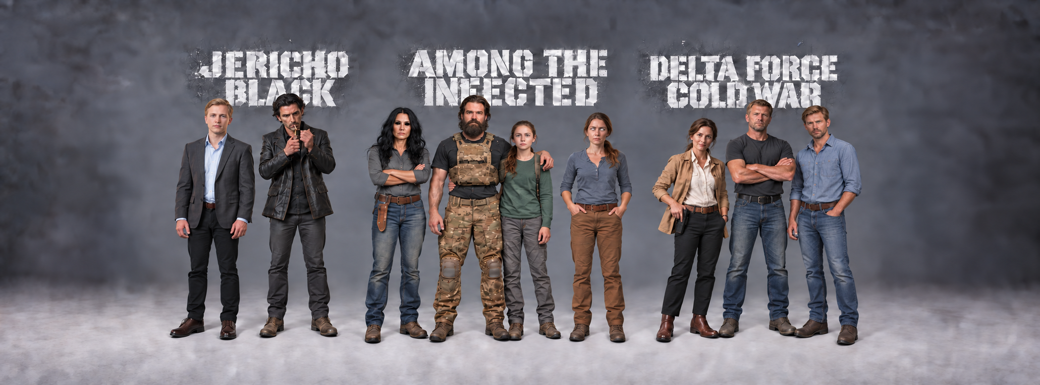 Characters from Jericho Black, Among the Infected, and Delta Force Cold War stand together beneath their series titles.