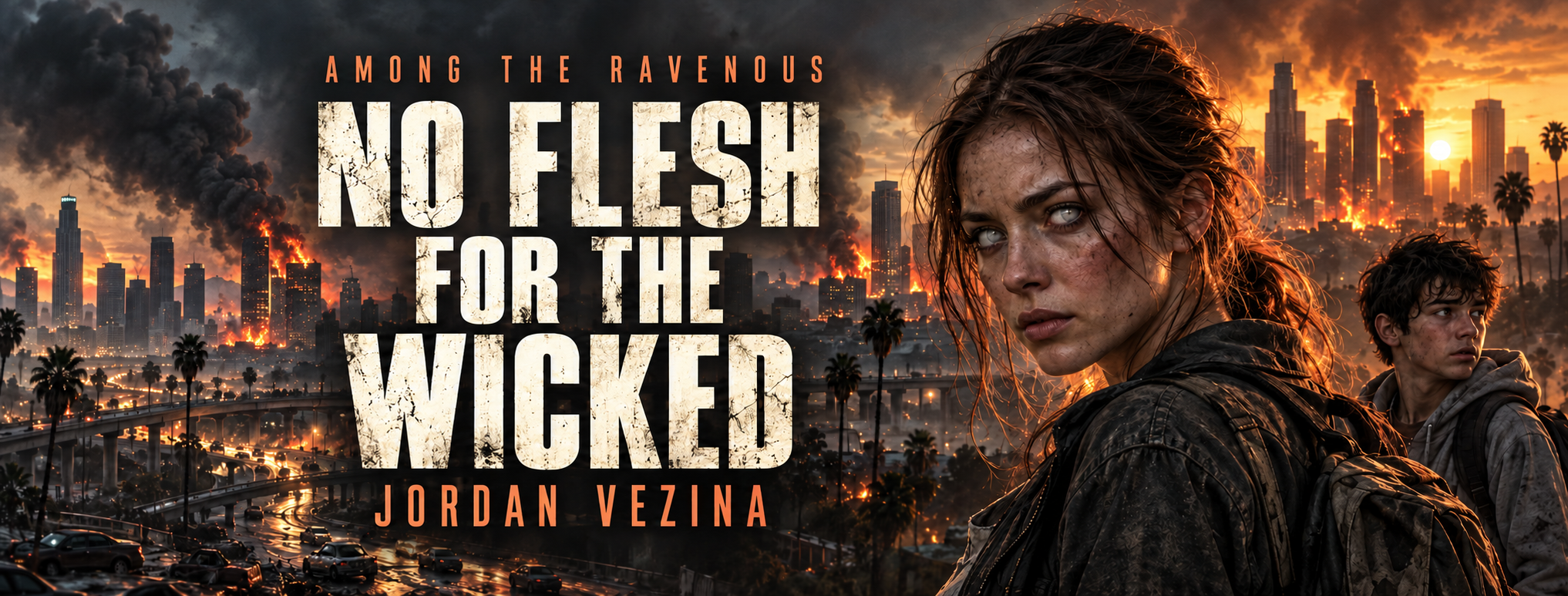No Flesh for the Wicked by Jordan Vezina, an Among the Ravenous story. Mara and Ben stand against a burning Los Angeles skyline.